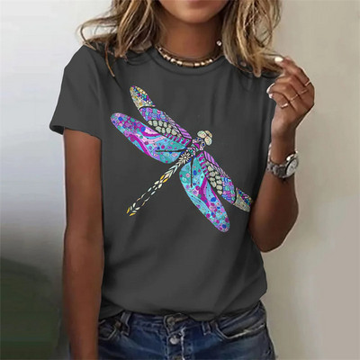 Bluză nouă de modă de vară, tricou pentru femei, cu imprimeu cu libelule, decolteu, cu mânecă scurtă, tricou de modă, tricou casual, îmbrăcăminte pentru femei