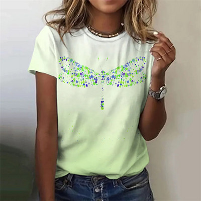 Bluză nouă de modă de vară, tricou pentru femei, cu imprimeu cu libelule, decolteu, cu mânecă scurtă, tricou de modă, tricou casual, îmbrăcăminte pentru femei