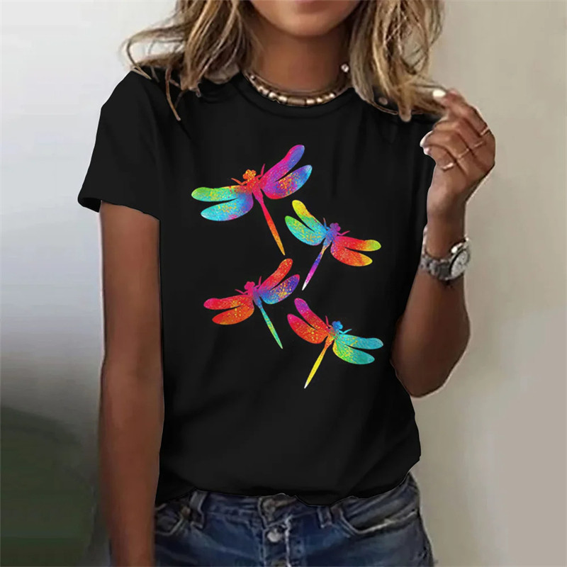 Bluză nouă de modă de vară, tricou pentru femei, cu imprimeu cu libelule, decolteu, cu mânecă scurtă, tricou de modă, tricou casual, îmbrăcăminte pentru femei