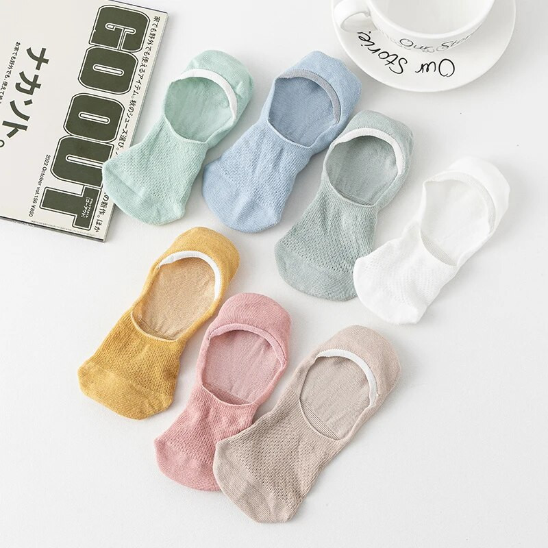 5 pari ŽENSKIH mrežastih izdubljenih prozračnih brodskih čarapa, nevidljivi nisko izrezani silikonski protuklizni, ljetne čarape bez gležnja