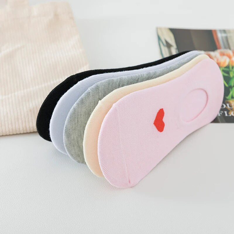 5 paari NAISTE nähtamatud sokid, ühevärvilised südamega libisemisvastased suvised pahkluusokid, igapäevased hingavad õhukesed paadi sokid