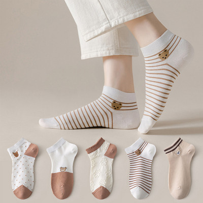 5 Ζεύγη/Παρτίδες Γυναικείες κάλτσες Κοντός αστράγαλος Χαμηλό κούρεμα χωρίς εμφάνιση Πόδι Cute Bear Hearts Εκτύπωση Σχολικό βαμβακερό αναπνεύσιμο σετ casual ρετρό