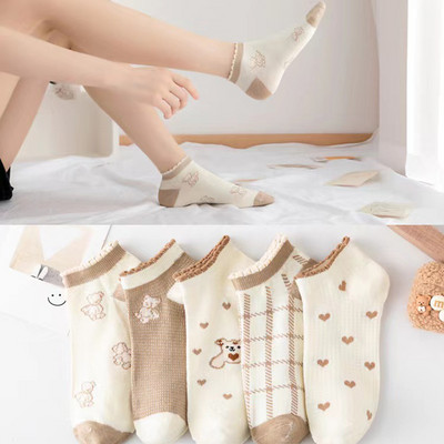 5 Ζεύγη/Παρτίδες Γυναικείες κάλτσες Κοντός αστράγαλος Χαμηλό κούρεμα χωρίς εμφάνιση Πόδι Cute Bear Hearts Εκτύπωση Σχολικό βαμβακερό αναπνεύσιμο σετ casual ρετρό