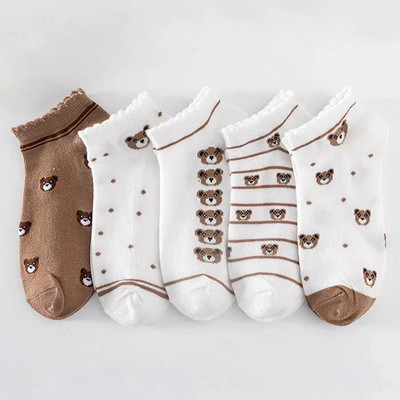 5 Ζεύγη/Παρτίδες Γυναικείες κάλτσες Κοντός αστράγαλος Χαμηλό κούρεμα χωρίς εμφάνιση Πόδι Cute Bear Hearts Εκτύπωση Σχολικό βαμβακερό αναπνεύσιμο σετ casual ρετρό