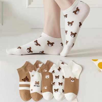 5 Ζεύγη/Παρτίδες Γυναικείες κάλτσες Κοντός αστράγαλος Χαμηλό κούρεμα χωρίς εμφάνιση Πόδι Cute Bear Hearts Εκτύπωση Σχολικό βαμβακερό αναπνεύσιμο σετ casual ρετρό