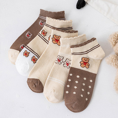 5 Ζεύγη/Παρτίδες Γυναικείες κάλτσες Κοντός αστράγαλος Χαμηλό κούρεμα χωρίς εμφάνιση Πόδι Cute Bear Hearts Εκτύπωση Σχολικό βαμβακερό αναπνεύσιμο σετ casual ρετρό