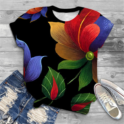 Naiste särav lillemustriga 2023. aasta suvine 3D-T-särk, uus Korea tänavamood, ümara kaelusega lühikeste varrukatega, trükitud vabaaja särk