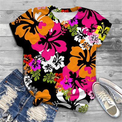 Naiste särav lillemustriga 2023. aasta suvine 3D-T-särk, uus Korea tänavamood, ümara kaelusega lühikeste varrukatega, trükitud vabaaja särk