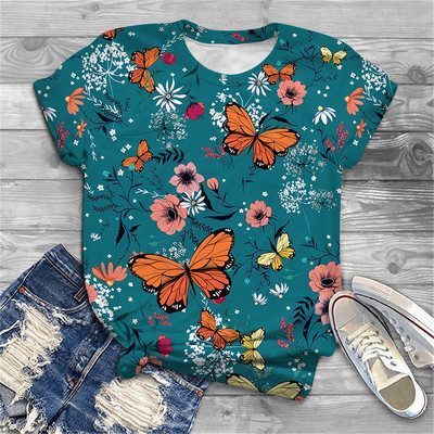 Naiste särav lillemustriga 2023. aasta suvine 3D-T-särk, uus Korea tänavamood, ümara kaelusega lühikeste varrukatega, trükitud vabaaja särk