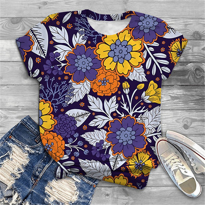 Naiste särav lillemustriga 2023. aasta suvine 3D-T-särk, uus Korea tänavamood, ümara kaelusega lühikeste varrukatega, trükitud vabaaja särk
