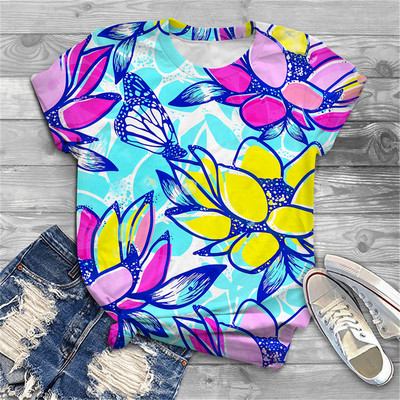 Naiste särav lillemustriga 2023. aasta suvine 3D-T-särk, uus Korea tänavamood, ümara kaelusega lühikeste varrukatega, trükitud vabaaja särk