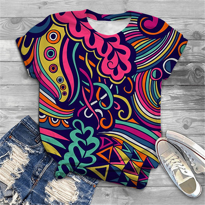 Naiste särav lillemustriga 2023. aasta suvine 3D-T-särk, uus Korea tänavamood, ümara kaelusega lühikeste varrukatega, trükitud vabaaja särk