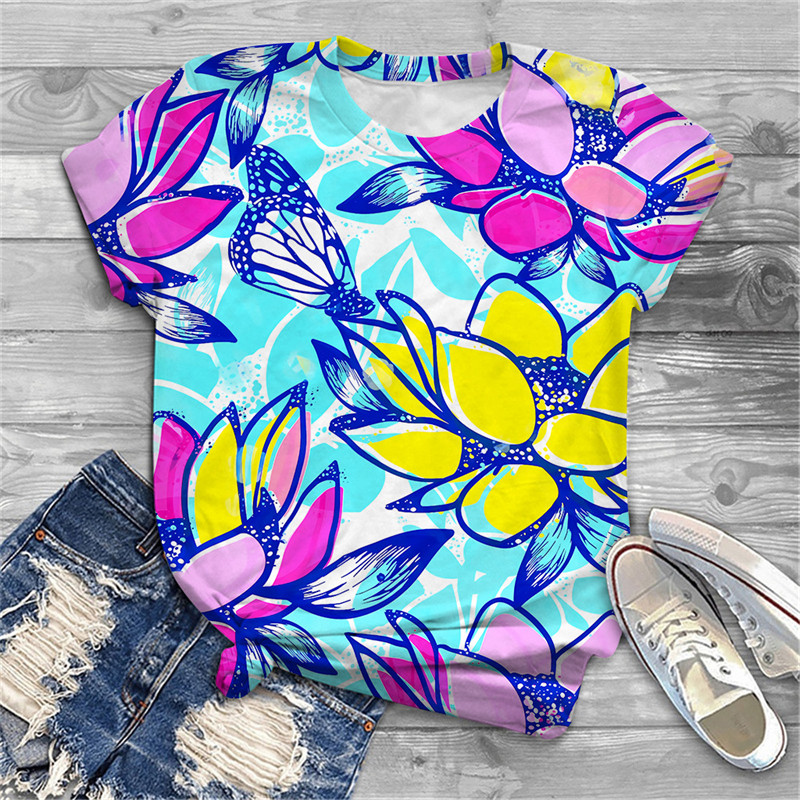 Naiste särav lillemustriga 2023. aasta suvine 3D-T-särk, uus Korea tänavamood, ümara kaelusega lühikeste varrukatega, trükitud vabaaja särk