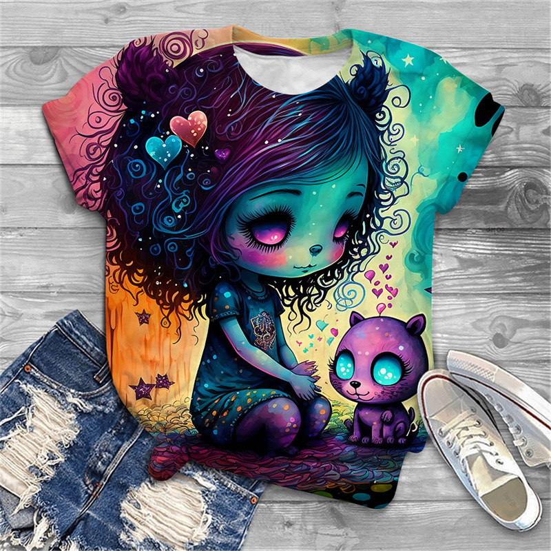 Naiste särav lillemustriga 2023. aasta suvine 3D-T-särk, uus Korea tänavamood, ümara kaelusega lühikeste varrukatega, trükitud vabaaja särk