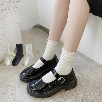 5 чифта / Партида чорапи за жени с волани, памучни средни тръби до глезена, къси дишащи черно-бели комплект пролет есен