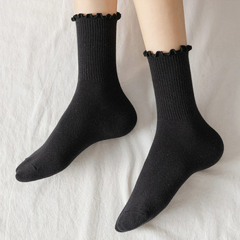 5 чифта / Партида чорапи за жени с волани, памучни средни тръби до глезена, къси дишащи черно-бели комплект пролет есен