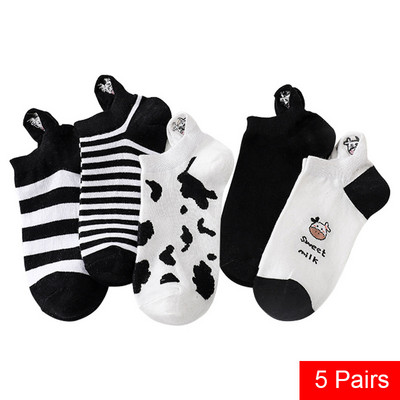 5 perechi de șosete scurte pentru femei de primăvară/vară de înaltă calitate, cu dungi de animale, din bumbac pur, glezne, respirabile, șosete pentru fete UE 35-39