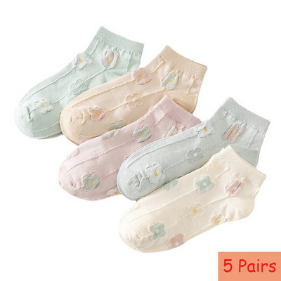 5 perechi de șosete scurte pentru femei de primăvară/vară de înaltă calitate, cu dungi de animale, din bumbac pur, glezne, respirabile, șosete pentru fete UE 35-39