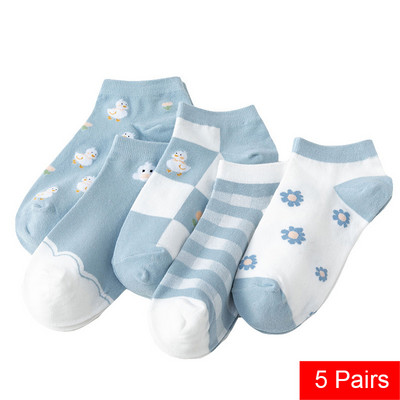 5 perechi de șosete scurte pentru femei de primăvară/vară de înaltă calitate, cu dungi de animale, din bumbac pur, glezne, respirabile, șosete pentru fete UE 35-39