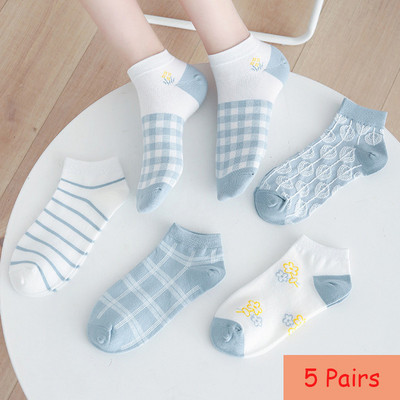 5 perechi de șosete scurte pentru femei de primăvară/vară de înaltă calitate, cu dungi de animale, din bumbac pur, glezne, respirabile, șosete pentru fete UE 35-39