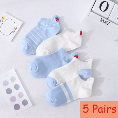 5 perechi de șosete scurte pentru femei de primăvară/vară de înaltă calitate, cu dungi de animale, din bumbac pur, glezne, respirabile, șosete pentru fete UE 35-39