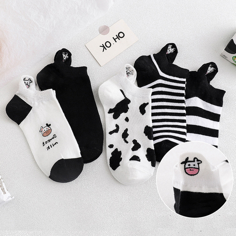 5 perechi de șosete scurte pentru femei de primăvară/vară de înaltă calitate, cu dungi de animale, din bumbac pur, glezne, respirabile, șosete pentru fete UE 35-39