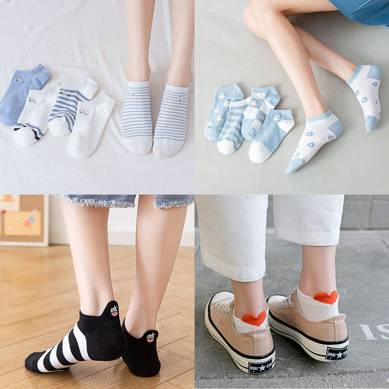 5 perechi de șosete scurte pentru femei de primăvară/vară de înaltă calitate, cu dungi de animale, din bumbac pur, glezne, respirabile, șosete pentru fete UE 35-39