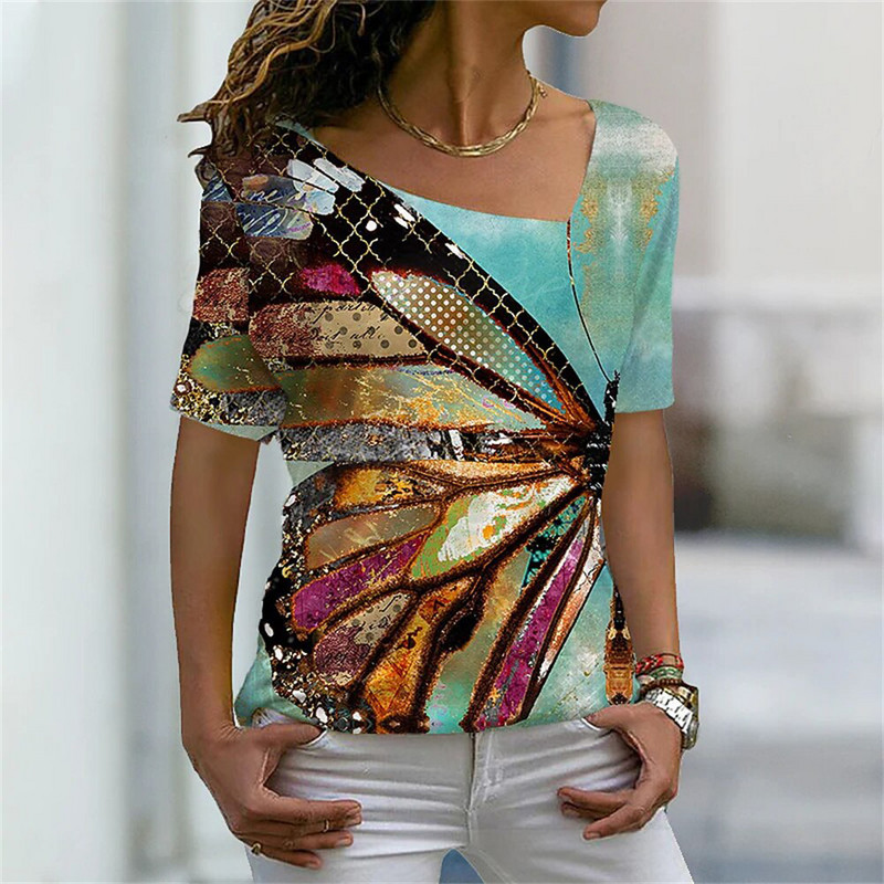 Nyári póló V-nyakú, 3d arcnyomtatással női pólók Y2k alkalmi felső női vintage Harajuku lány személyre szabott rövid ujjú pulóver