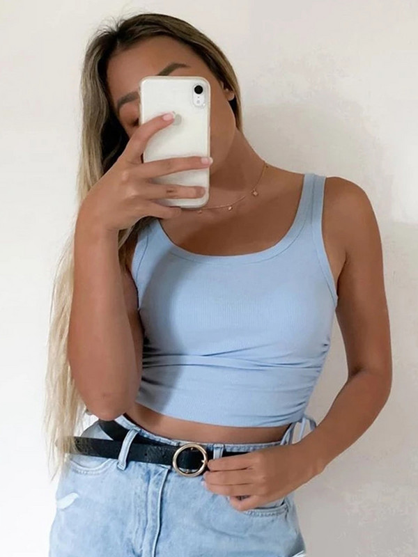 Topuri fără mâneci cu volanat Tricouri femei Solid Casual Moda Crop Top Damă High Street Tie Up Croptop Summer Fitness