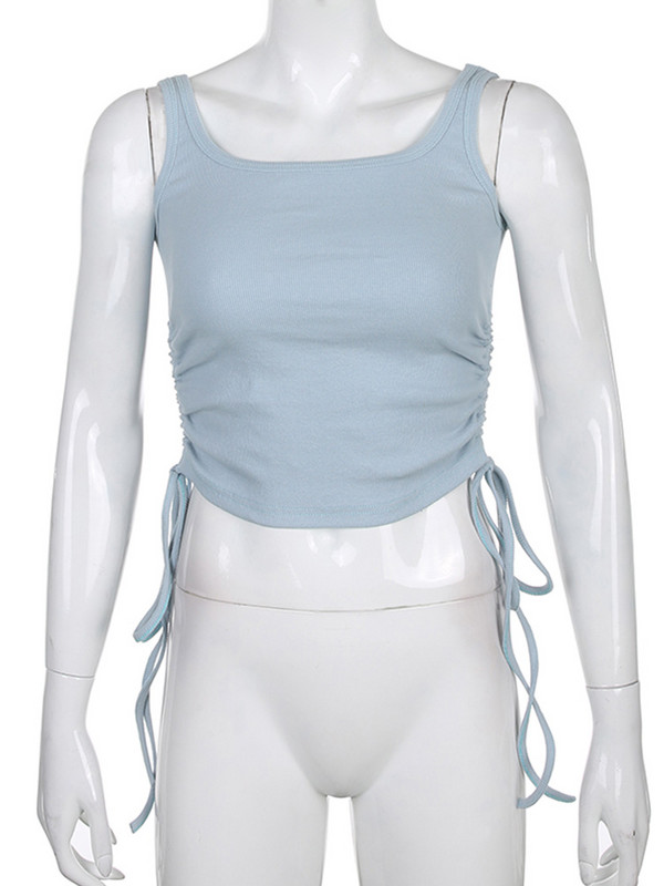 Topuri fără mâneci cu volanat Tricouri femei Solid Casual Moda Crop Top Damă High Street Tie Up Croptop Summer Fitness