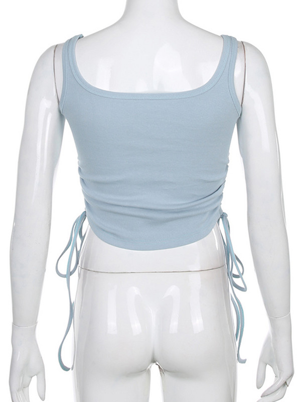 Topuri fără mâneci cu volanat Tricouri femei Solid Casual Moda Crop Top Damă High Street Tie Up Croptop Summer Fitness