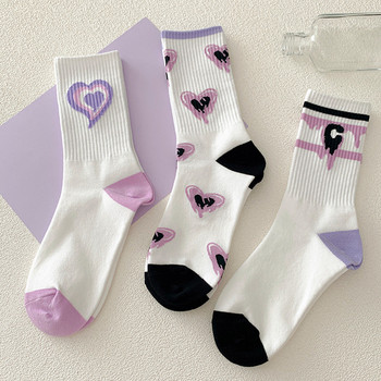 Дамски памучни чорапи Пурпурен чорап със средна тръба с принт на сърце Американски хип-хоп чорапи Street Wear Чорапи за скейтборд Спортен чорап за момичета