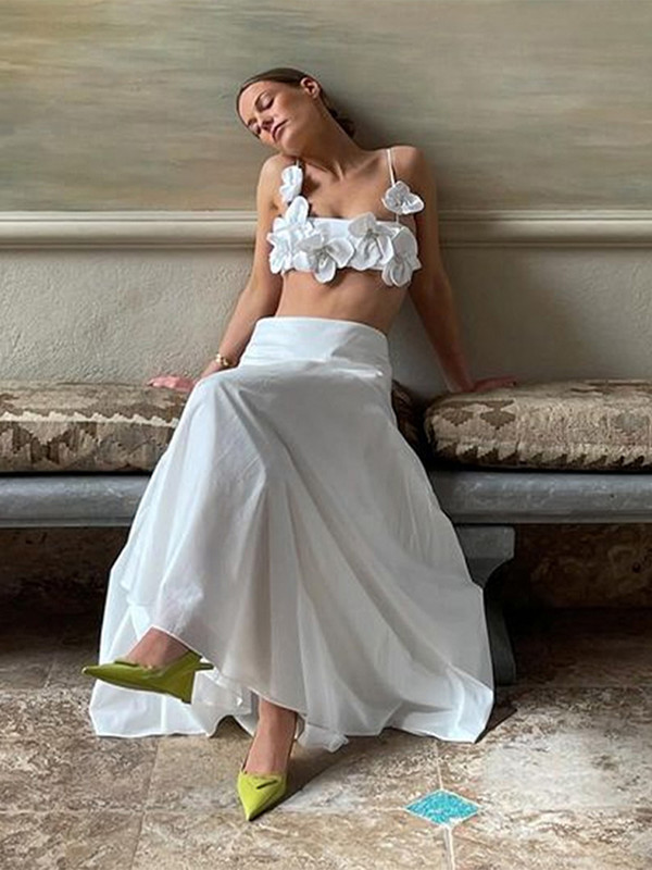 Top crop șic cu șireturi 3D cu flori pentru femei 2024, la modă, fără spate, fără mâneci, plin, de vacanță, de vară, elegant, vestă pentru damă