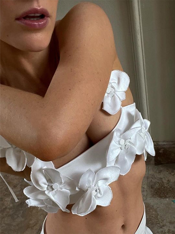 Top crop șic cu șireturi 3D cu flori pentru femei 2024, la modă, fără spate, fără mâneci, plin, de vacanță, de vară, elegant, vestă pentru damă