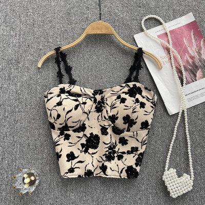 Top tancuri șic cu imprimeu floral Camis de modă coreeană Top crop de bază subțire Corset dulce cu umeri dezactivați Bustieră de vară Topuri sling pentru femei