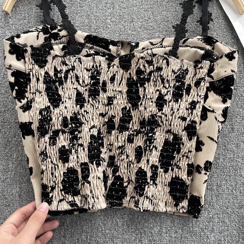 Top tancuri șic cu imprimeu floral Camis de modă coreeană Top crop de bază subțire Corset dulce cu umeri dezactivați Bustieră de vară Topuri sling pentru femei
