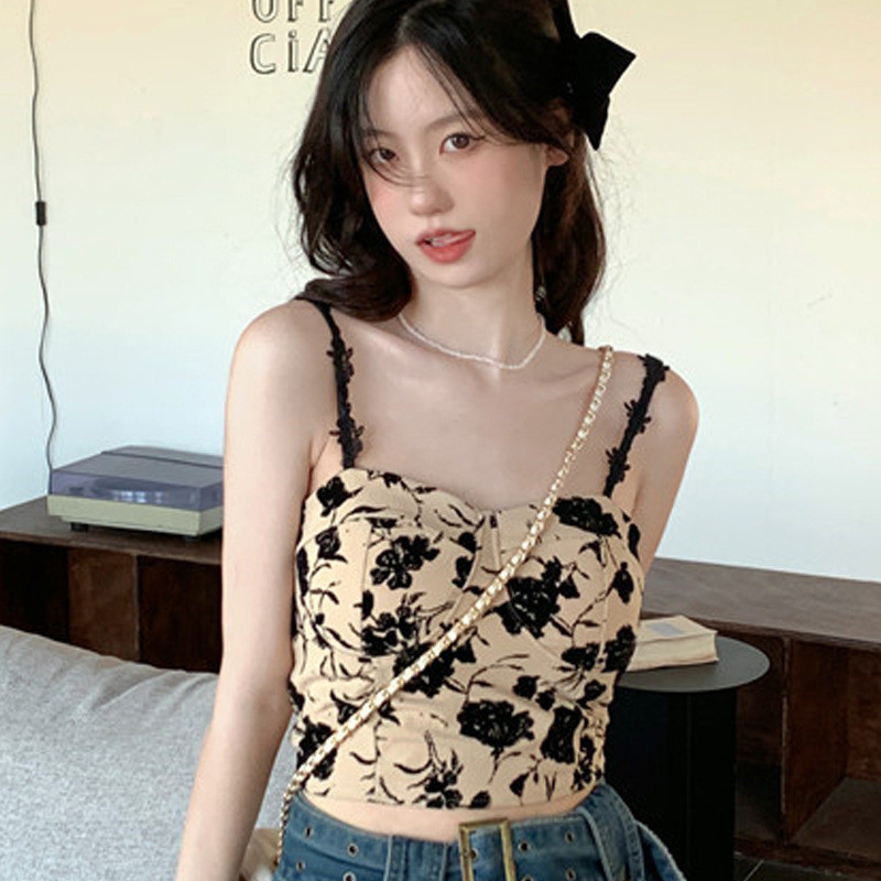 Top tancuri șic cu imprimeu floral Camis de modă coreeană Top crop de bază subțire Corset dulce cu umeri dezactivați Bustieră de vară Topuri sling pentru femei