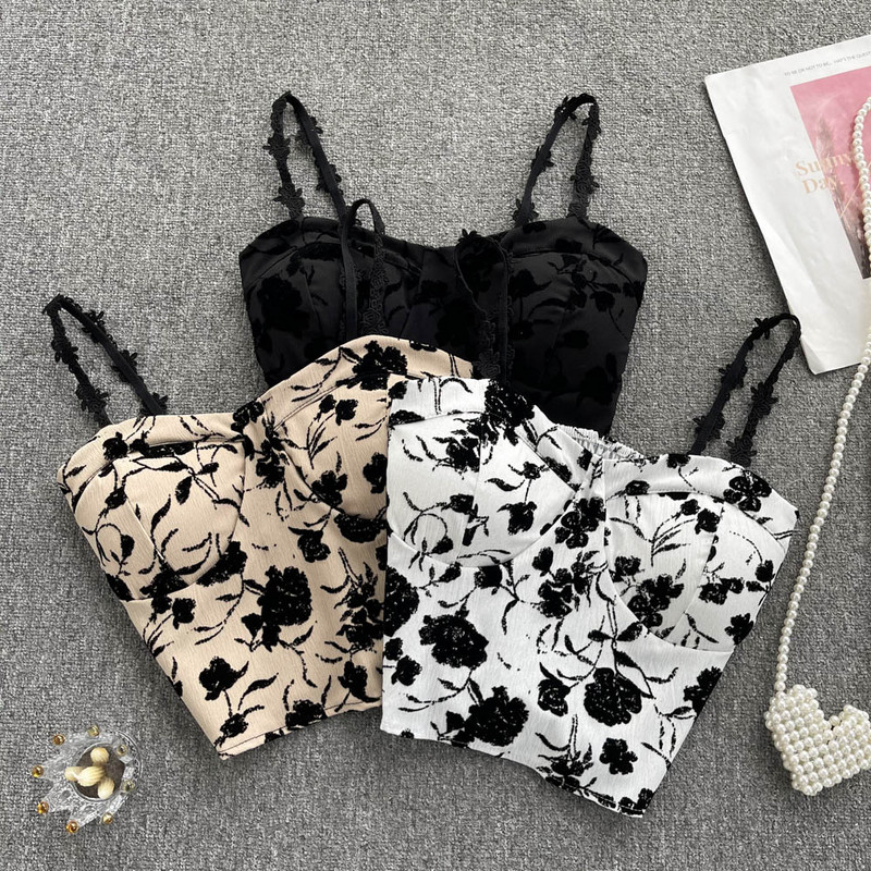 Top tancuri șic cu imprimeu floral Camis de modă coreeană Top crop de bază subțire Corset dulce cu umeri dezactivați Bustieră de vară Topuri sling pentru femei
