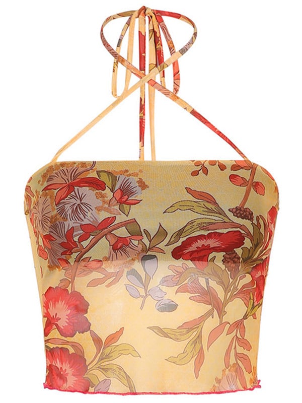 Y2K mrežasta prozirna cvjetna majica kratkih rukava Vintage majice s halterima Ženska uska majica bez rukava Harajuku Streetwear