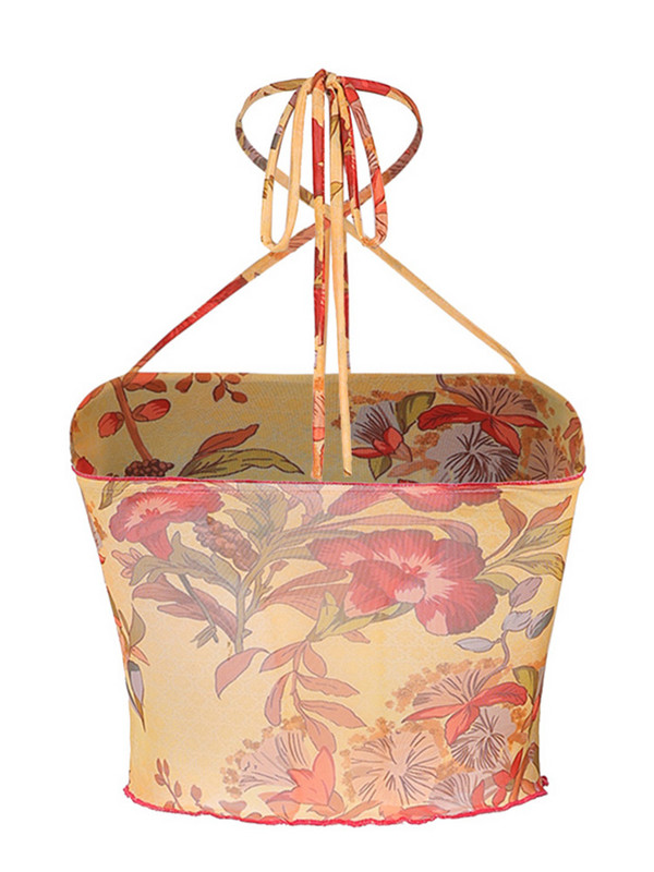 Y2K mrežasta prozirna cvjetna majica kratkih rukava Vintage majice s halterima Ženska uska majica bez rukava Harajuku Streetwear