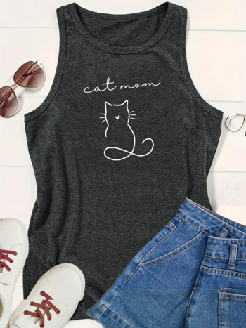 Cat Mom Silhouette Fashion Sports Γυναικείο φανελάκι Loose O λαιμό αμάνικο casual φανελάκι για ρούχα