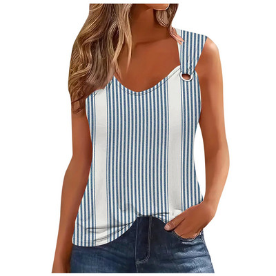 Μόδα ριγέ στάμπα σέξι μπλουζάκι για γυναίκες 2024 Καλοκαιρινό αμάνικο φανελάκι Femme Casual T-shirt Casual Tshirt Γυναικεία μπλουζάκια