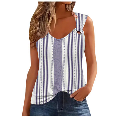 Μόδα ριγέ στάμπα σέξι μπλουζάκι για γυναίκες 2024 Καλοκαιρινό αμάνικο φανελάκι Femme Casual T-shirt Casual Tshirt Γυναικεία μπλουζάκια
