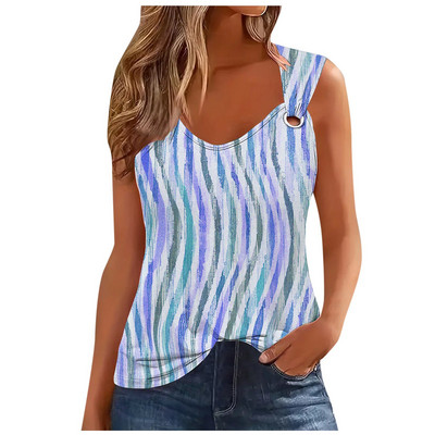 Μόδα ριγέ στάμπα σέξι μπλουζάκι για γυναίκες 2024 Καλοκαιρινό αμάνικο φανελάκι Femme Casual T-shirt Casual Tshirt Γυναικεία μπλουζάκια