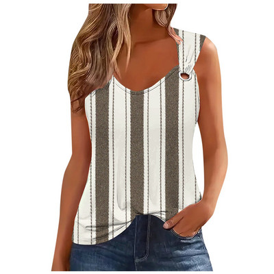 Μόδα ριγέ στάμπα σέξι μπλουζάκι για γυναίκες 2024 Καλοκαιρινό αμάνικο φανελάκι Femme Casual T-shirt Casual Tshirt Γυναικεία μπλουζάκια