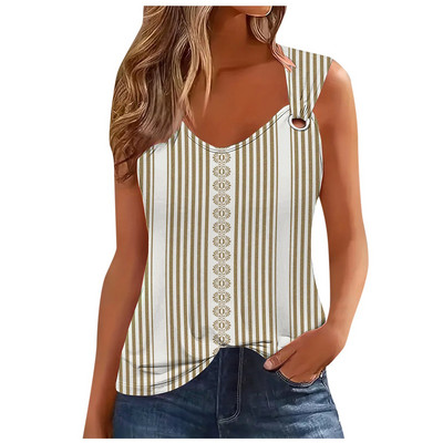 Μόδα ριγέ στάμπα σέξι μπλουζάκι για γυναίκες 2024 Καλοκαιρινό αμάνικο φανελάκι Femme Casual T-shirt Casual Tshirt Γυναικεία μπλουζάκια