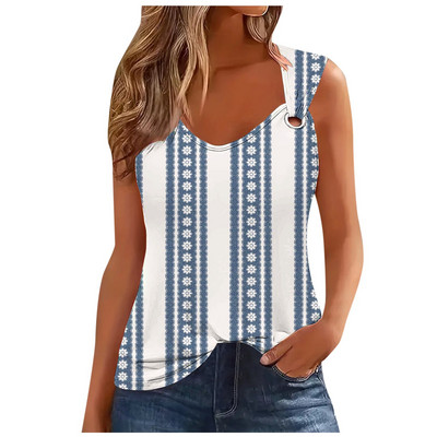 Μόδα ριγέ στάμπα σέξι μπλουζάκι για γυναίκες 2024 Καλοκαιρινό αμάνικο φανελάκι Femme Casual T-shirt Casual Tshirt Γυναικεία μπλουζάκια