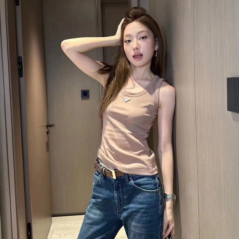 2024 Noi Vestă pentru femei LOGO metal Cămașă casual Cămașă pentru femei Tricouri din bumbac înalt elastic Topuri pentru femei Maiuri pentru femei de vară 4 culori SML