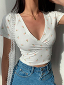 Y2K Vintage Floral Crop Top Tricou Femeie Decupat Subțire Manecă Scurtă Decolteu V-Haine Sexy de Vară Tricou Femeie Femei Topuri
