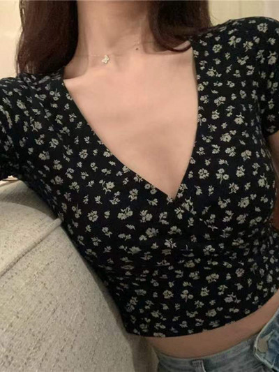 Y2K Vintage Floral Crop Top Tricou Femeie Decupat Subțire Manecă Scurtă Decolteu V-Haine Sexy de Vară Tricou Femeie Femei Topuri